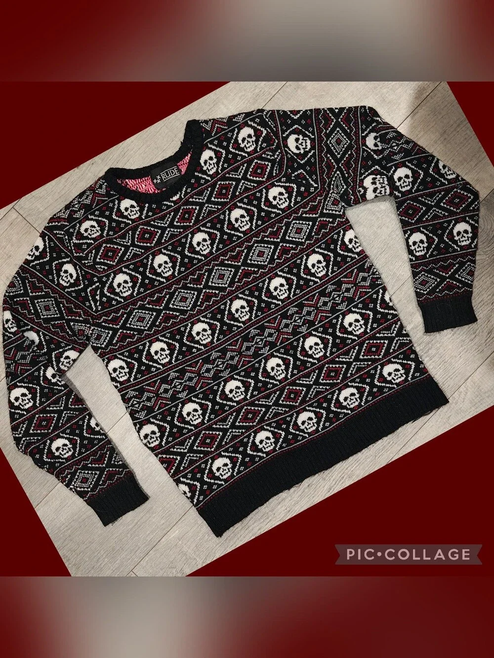 💀XXX RUDE Hot Topic Gothic Skull Fair Isle Sweater💀💀